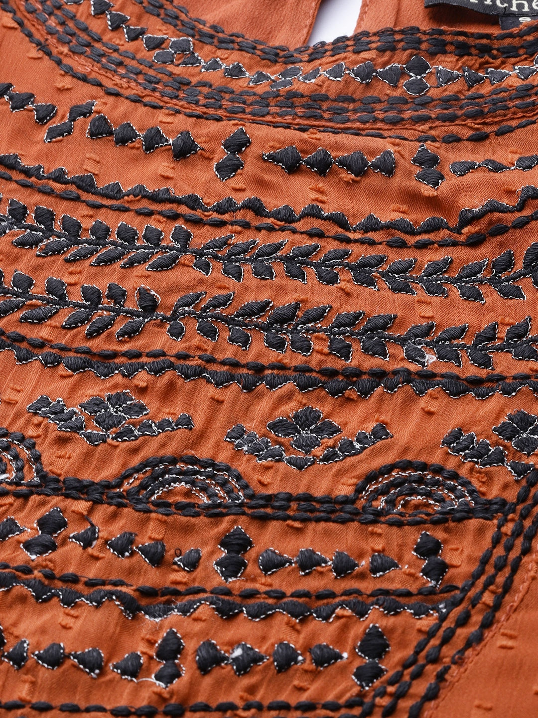 Women Rust Brown & Black Embroidered Dobby Weave A-Line Top