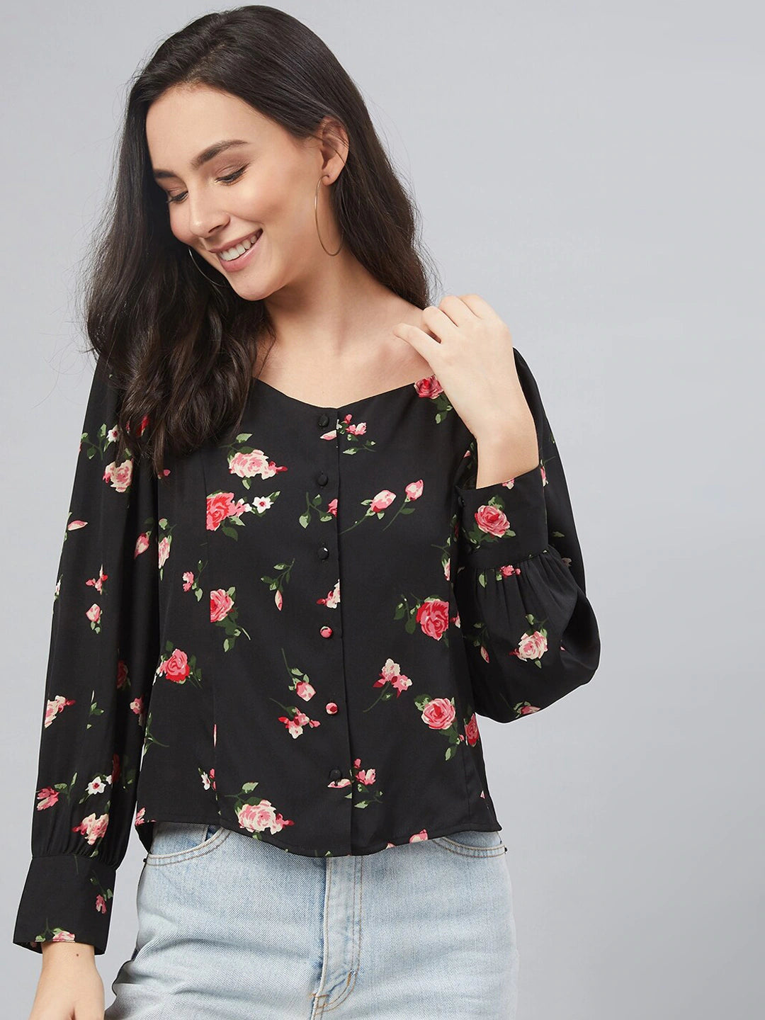 Black & Pink Floral Shirt Style Top