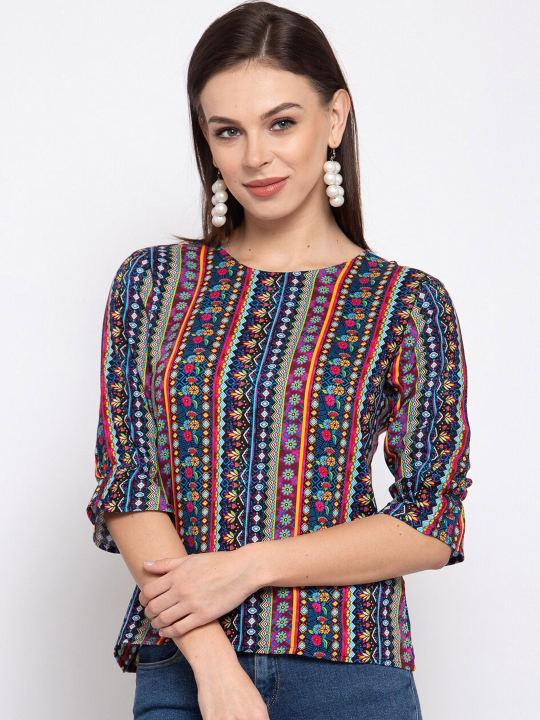 Multicolored Abstract Printed Top With Flared Sleeves