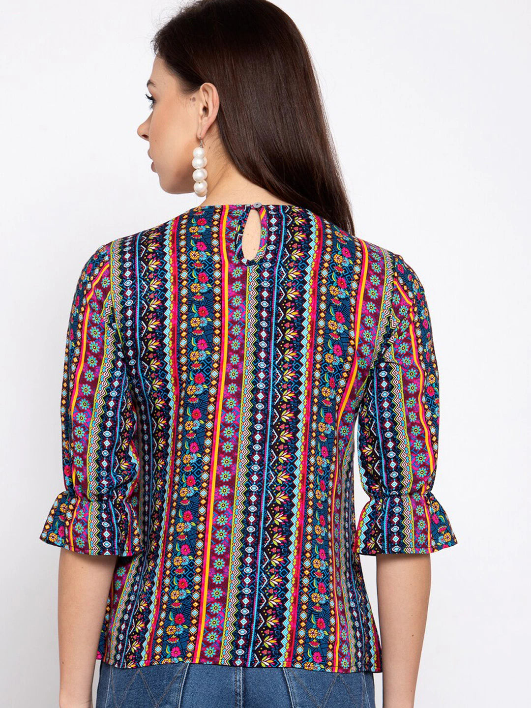 Multicolored Abstract Printed Top With Flared Sleeves