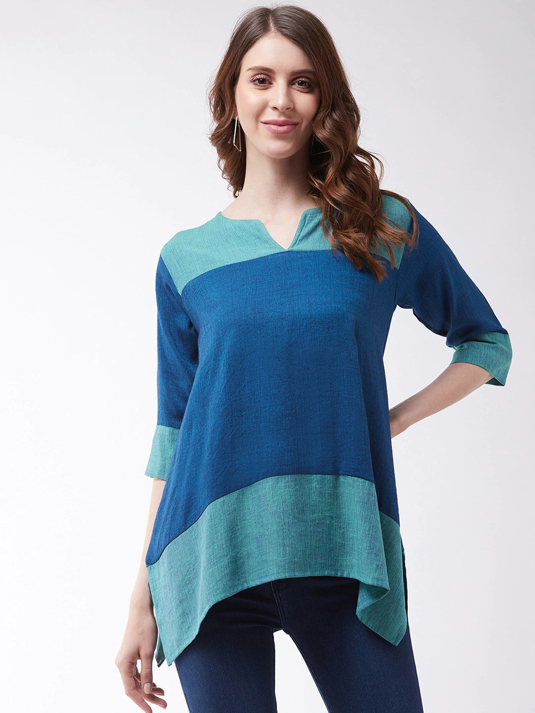 Women Blue Color blocked Pure Cotton A-Line Top