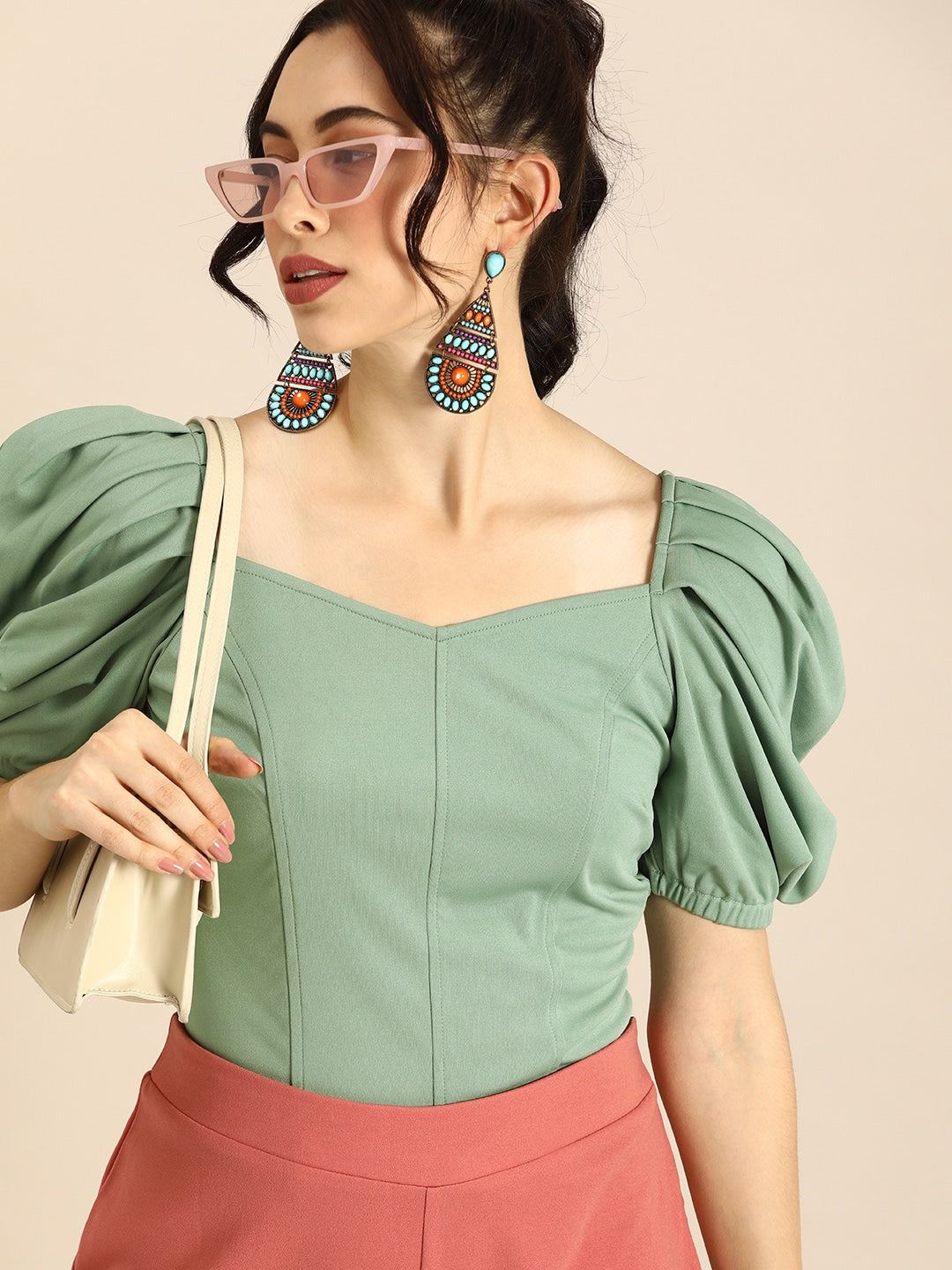 Stylish Mint Green Power Shoulders Top