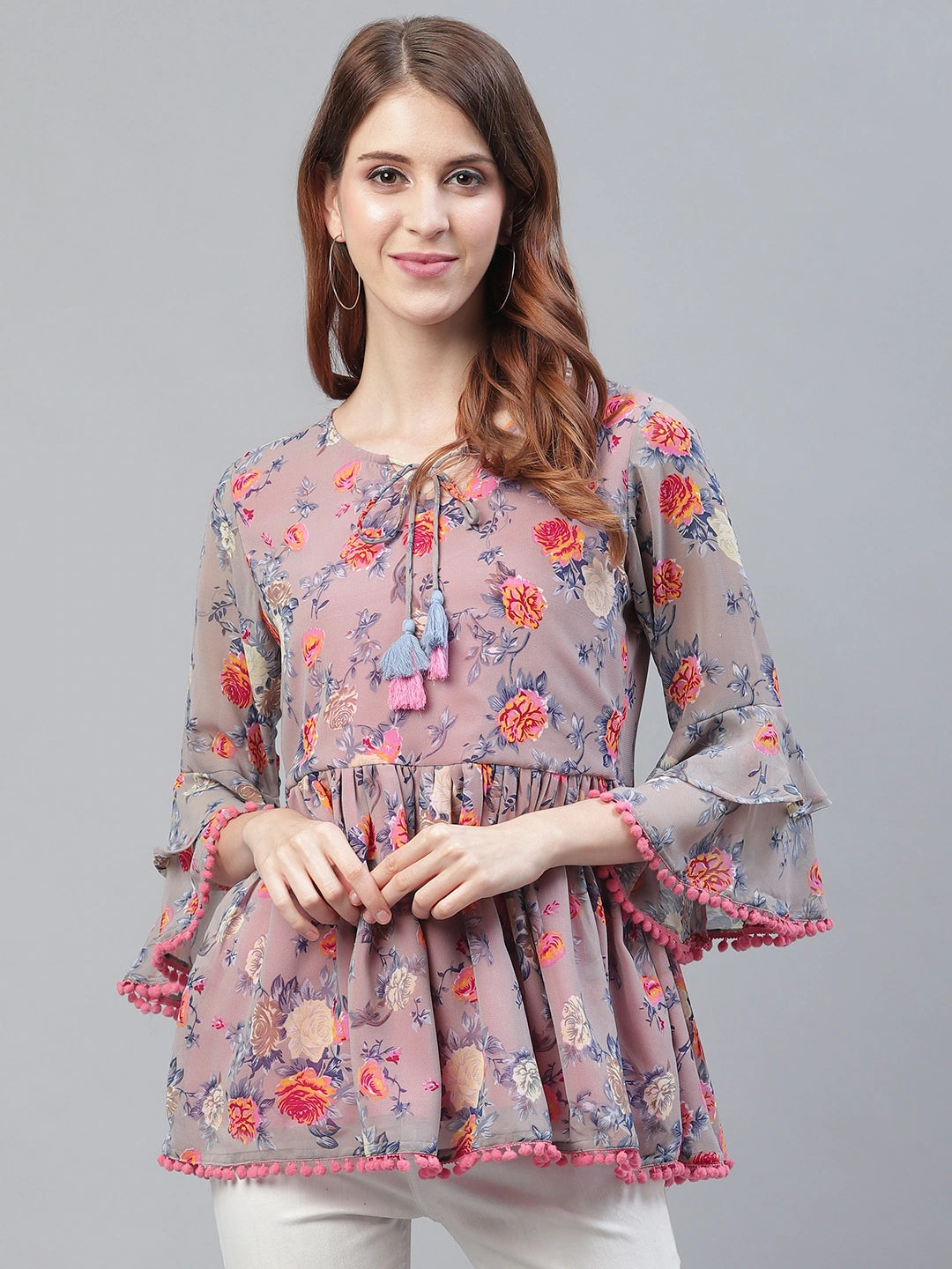 Women Grey & Pink Floral Print A-Line Top