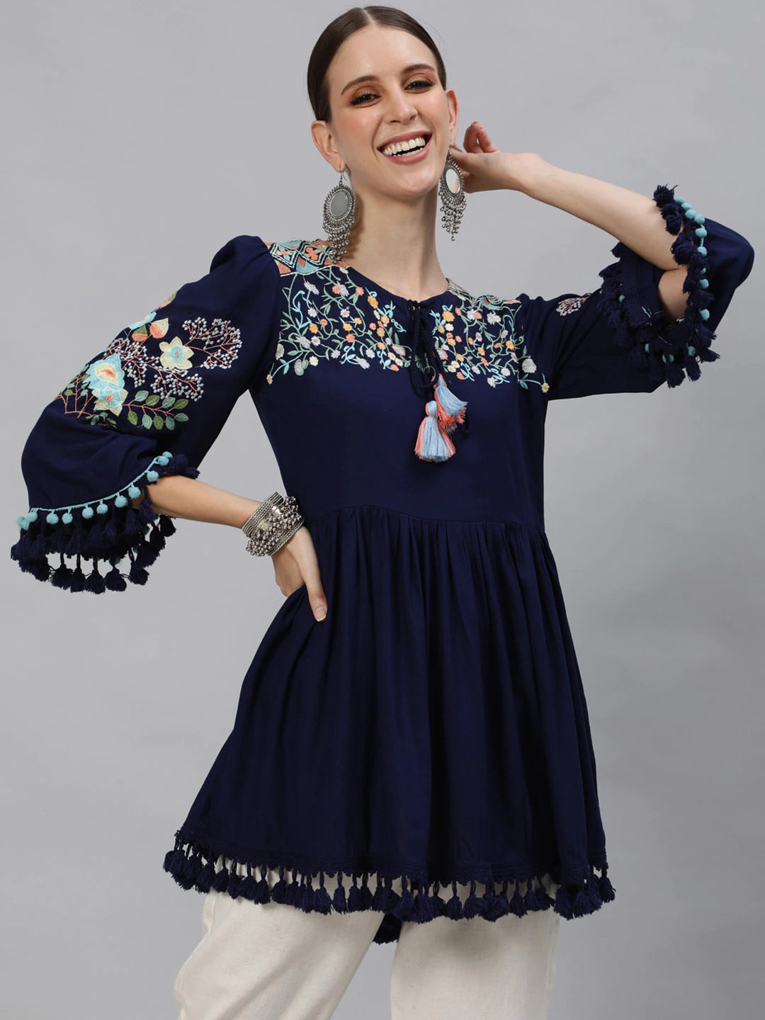 Women Navy Blue Embroidered A-Line Top