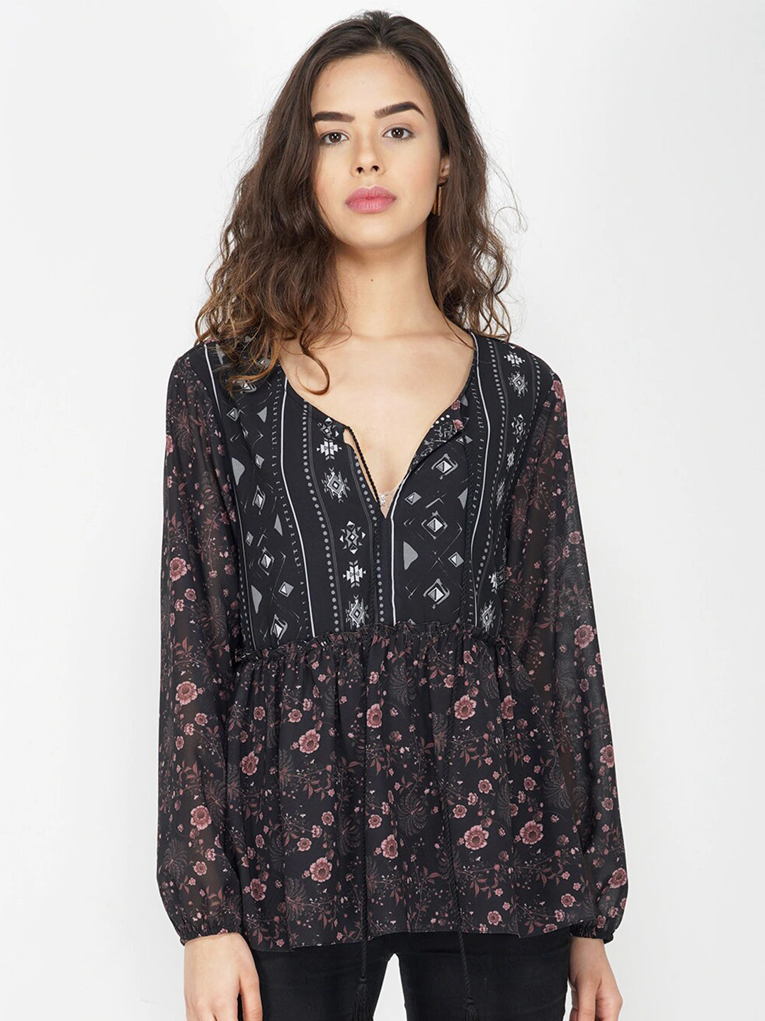 Women Black Floral Printed Chinched Waist Top