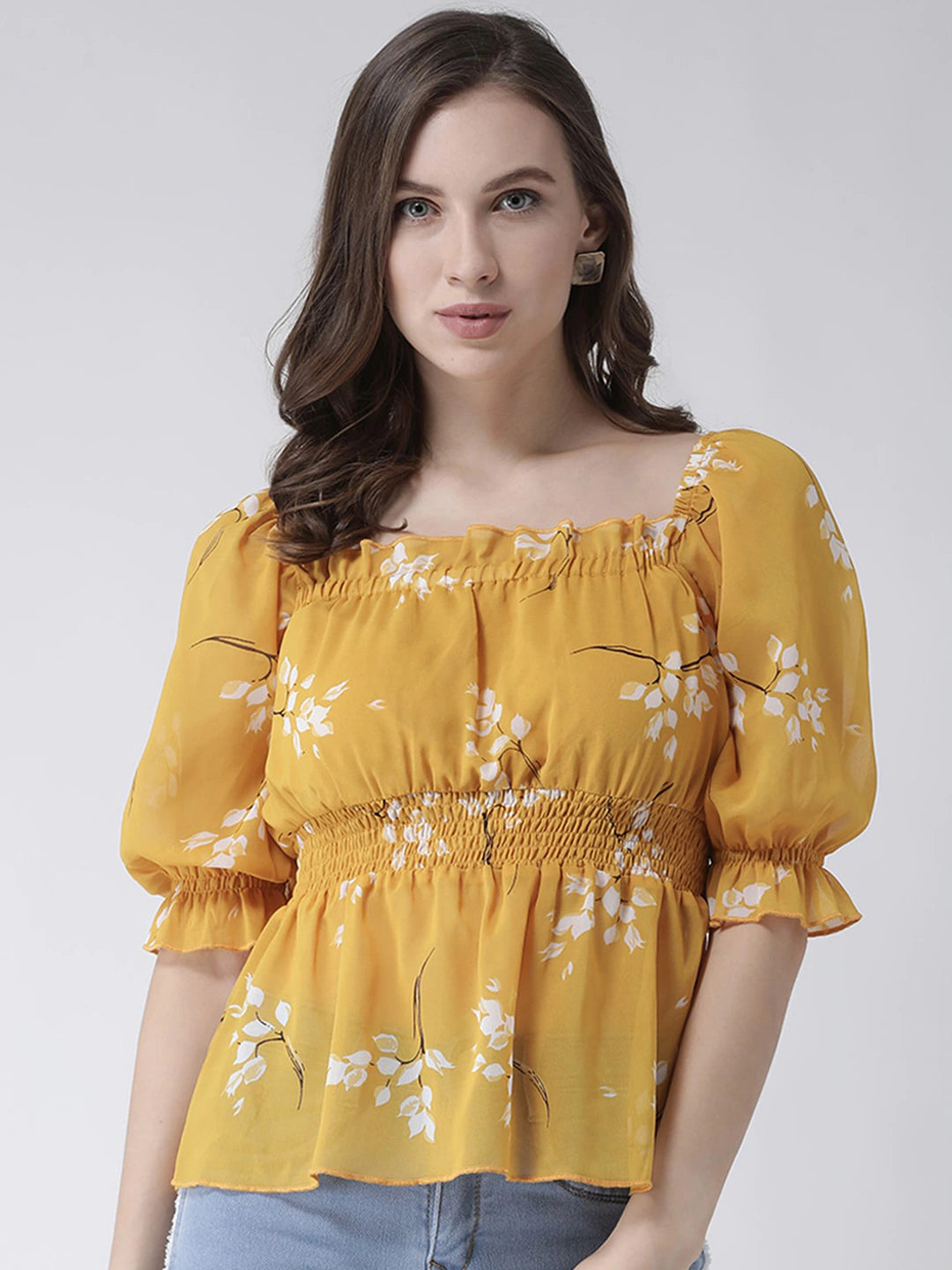 Yellow & White Floral Print Peplum Top