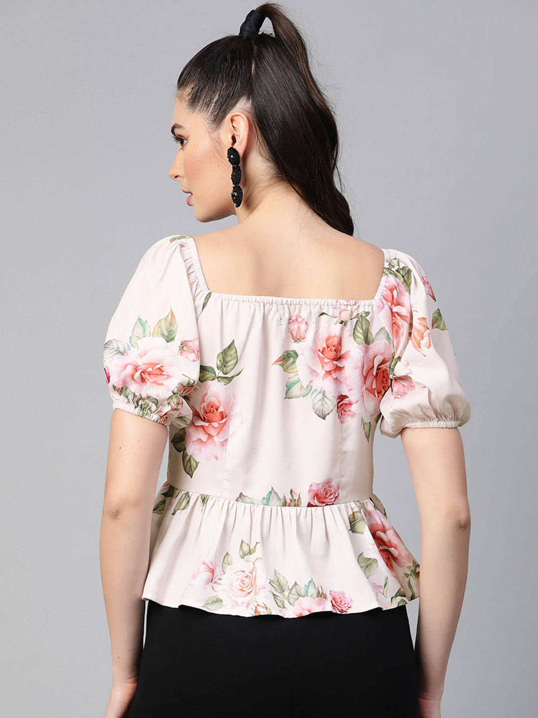 Nude-Colored & Green Floral Printed Puff Sleeves Peplum Top