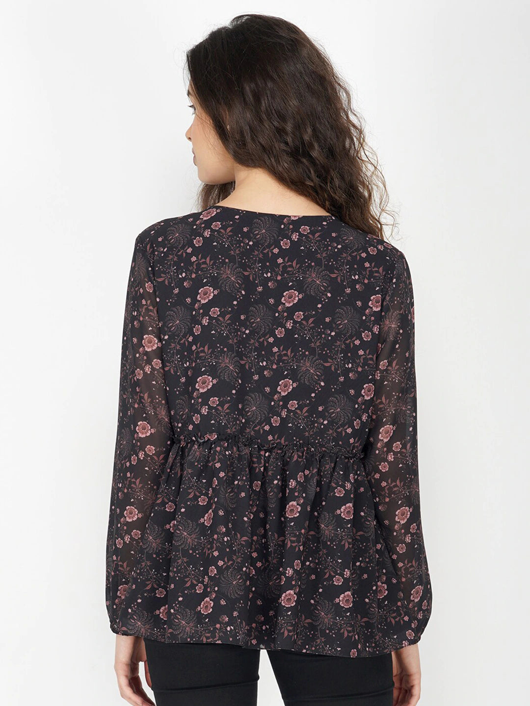 Women Black Floral Printed Chinched Waist Top