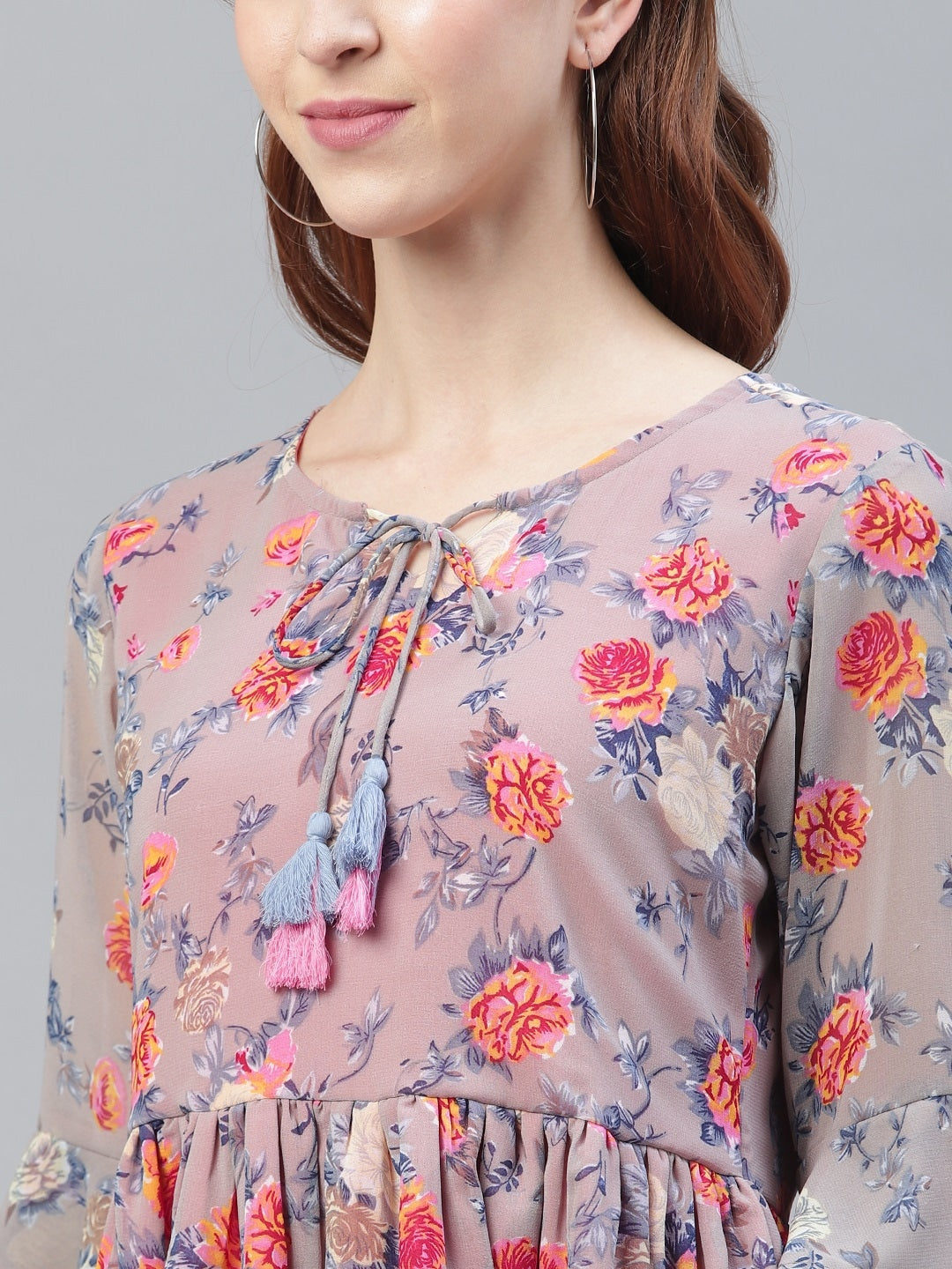 Women Grey & Pink Floral Print A-Line Top