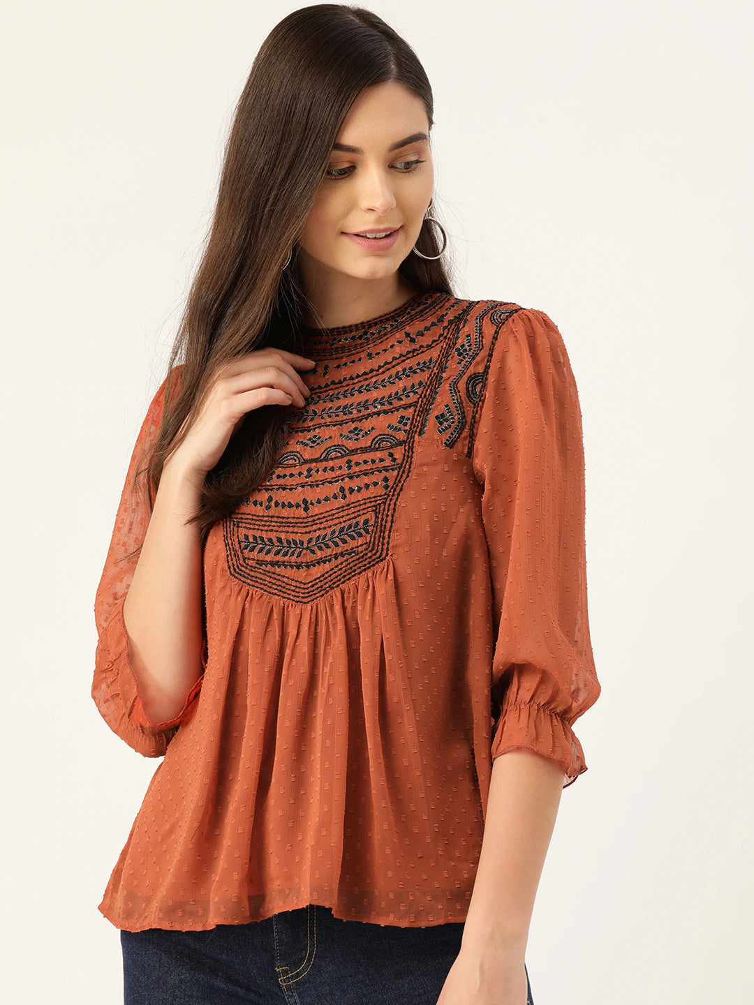 Women Rust Brown & Black Embroidered Dobby Weave A-Line Top