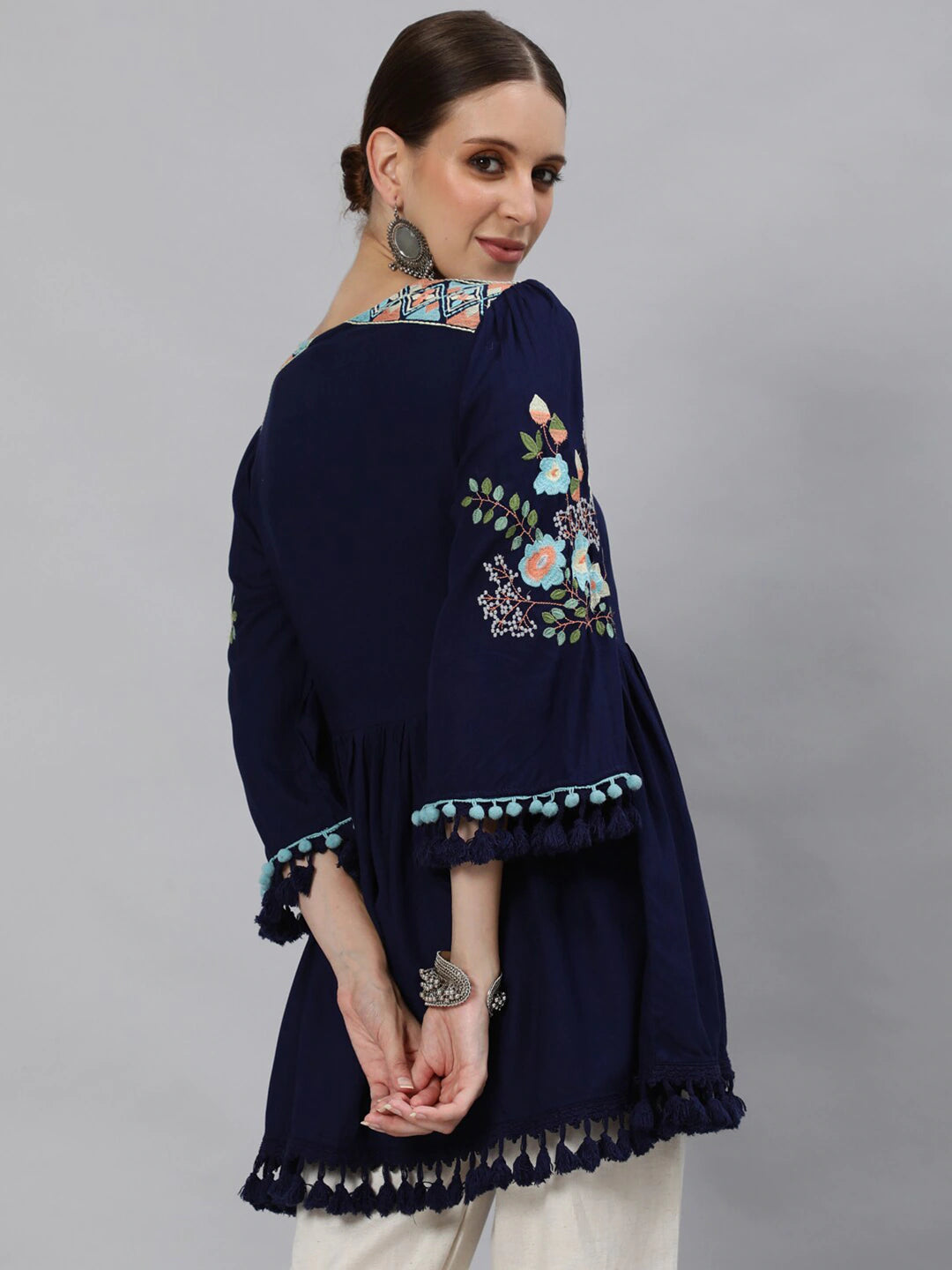 Women Navy Blue Embroidered A-Line Top