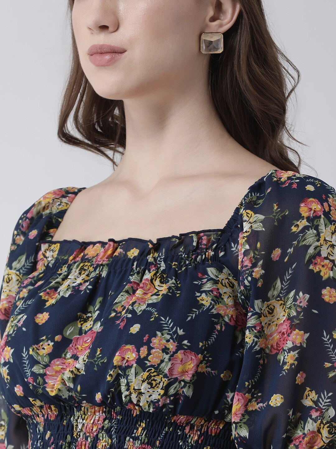 Blue Floral Cinched Waist Smocked Top