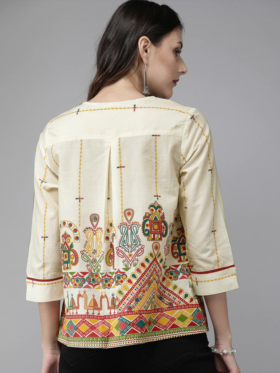 Beige & Red Antiviral Finish Ethnic Motifs Anti-Viral Pure Cotton Top