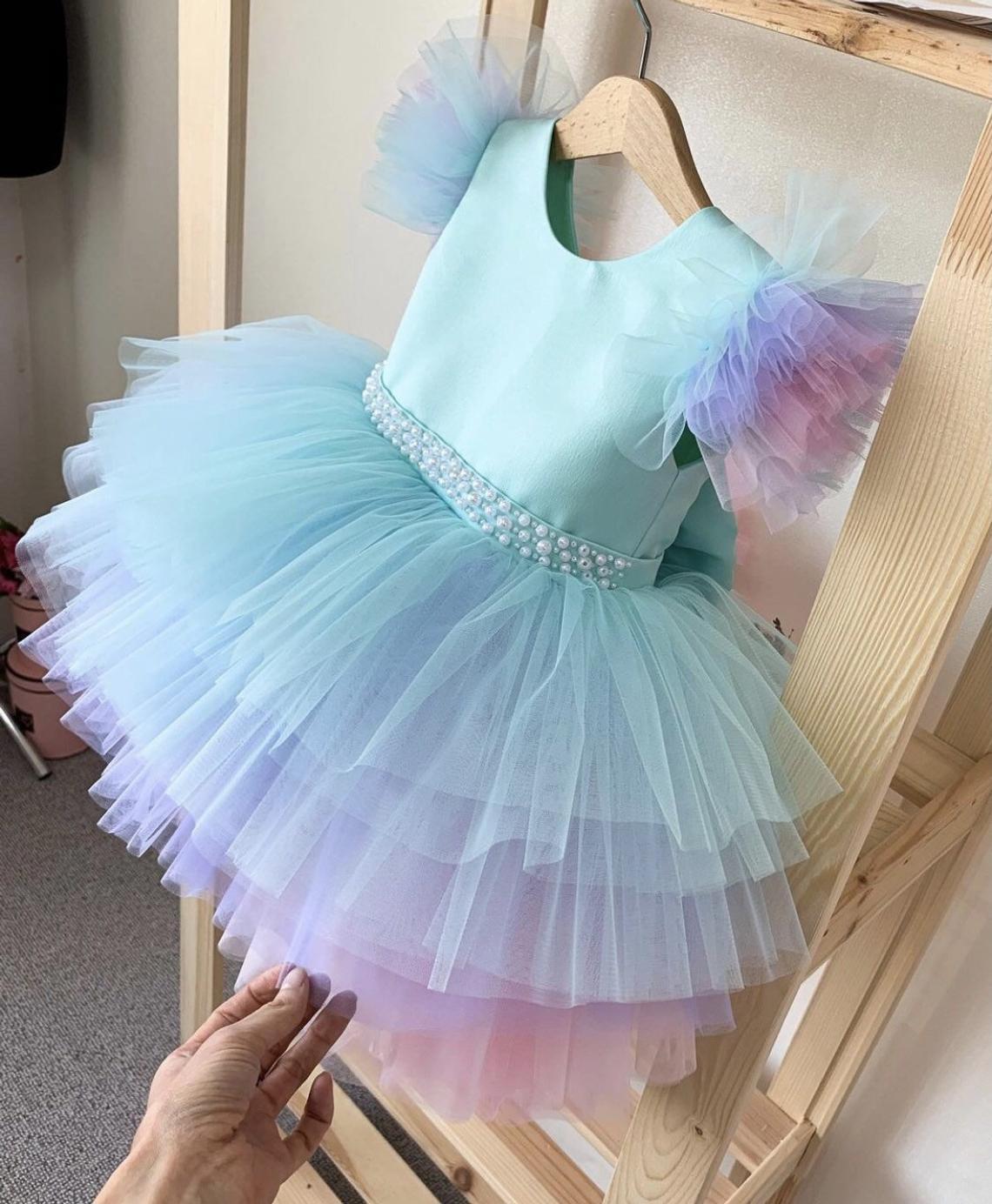Multicolor Net Solid Frock Dress For Girl