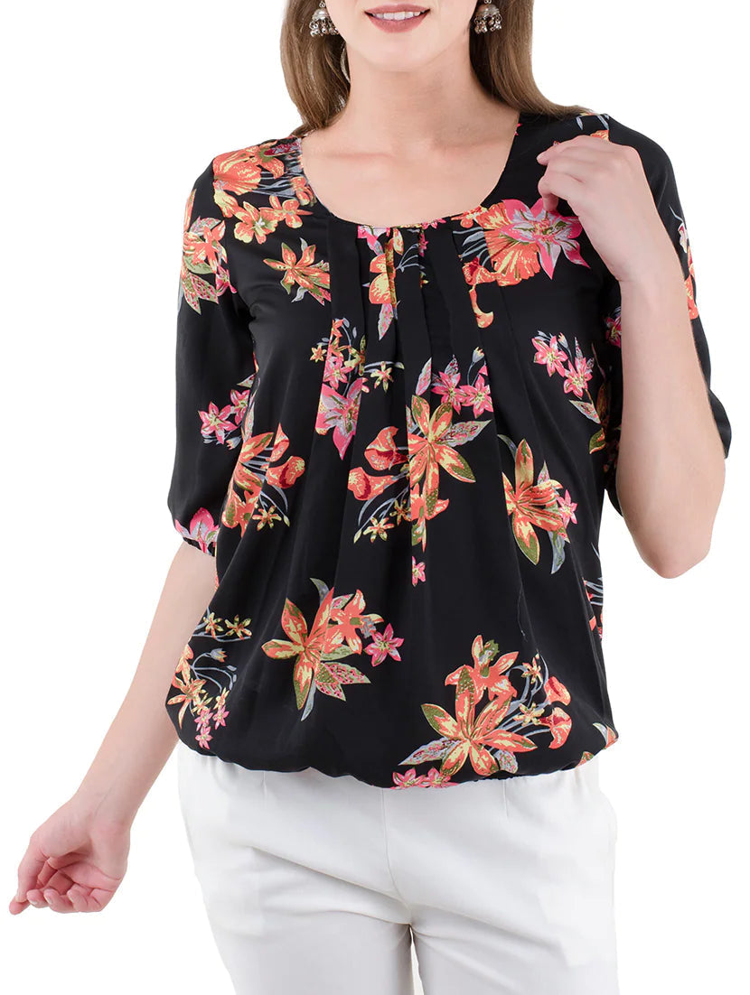 Pleated Front Floral Blouson Top