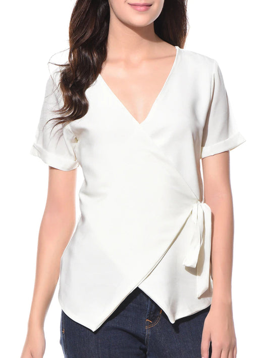 White Solid Crepe Wrap Top