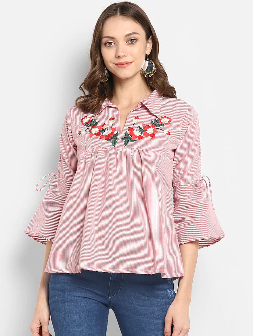 Slit Sleeved Embroidered Striped Top