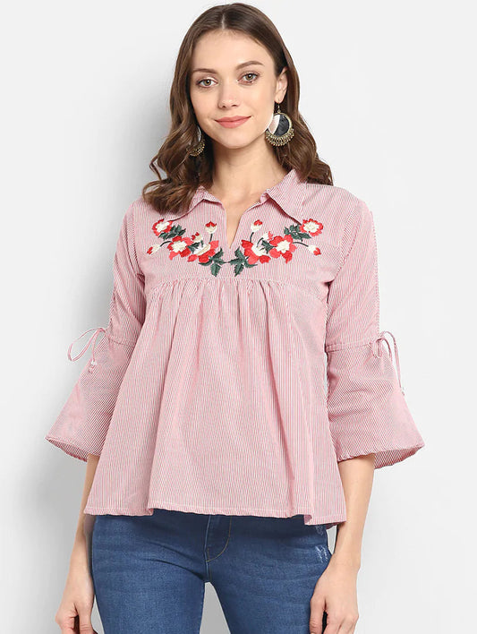 Slit Sleeved Embroidered Striped Top