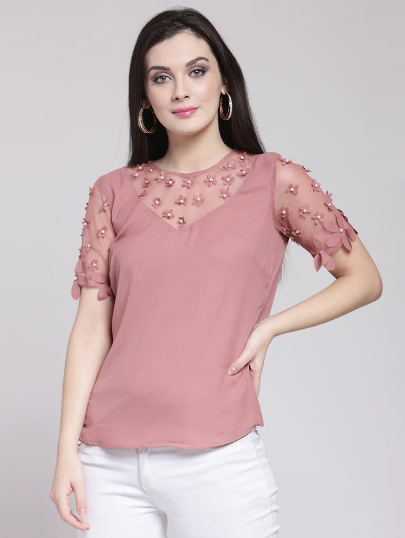 Sheer Paneled Floral Applique Top