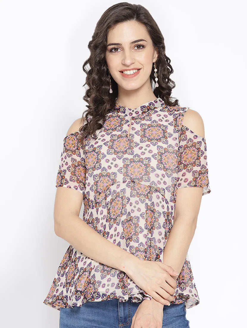 Mock Neck Cold Shoulder Top