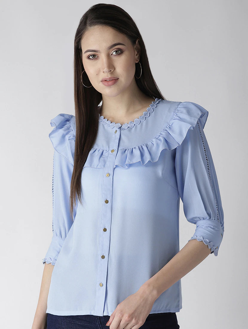 Lace Inserted Neck Ruffle Detail Top