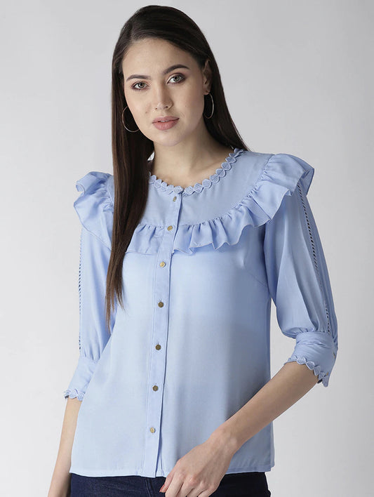 Lace Inserted Neck Ruffle Detail Top