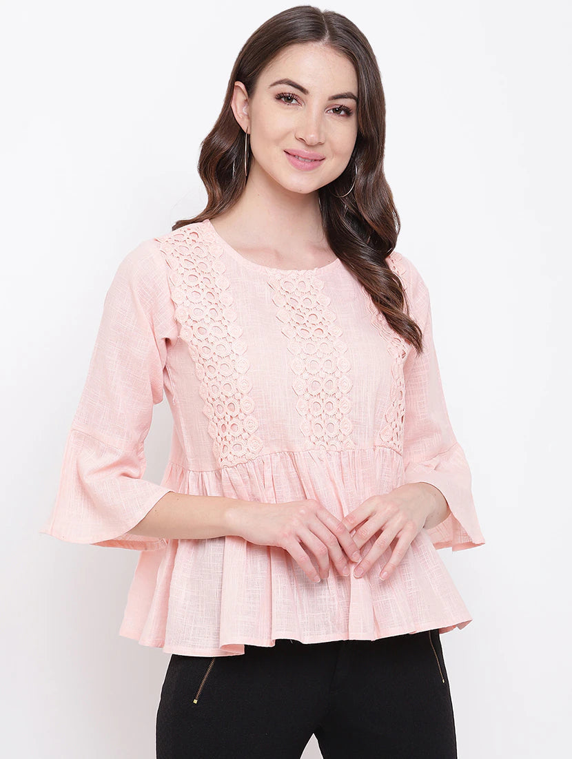 Rosewater Pink Lace Detail Bell Sleeved Top
