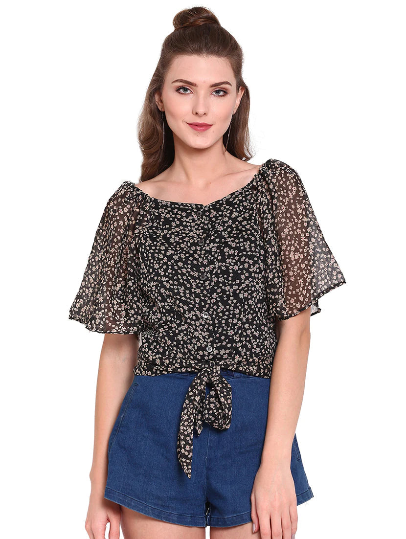 Tie Front Button-Up Floral Top