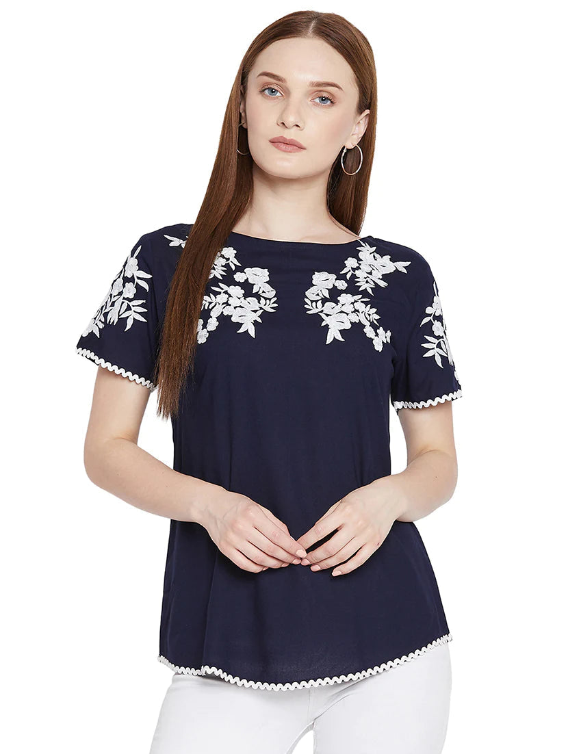 Navy Blue Embroidered Regular Top