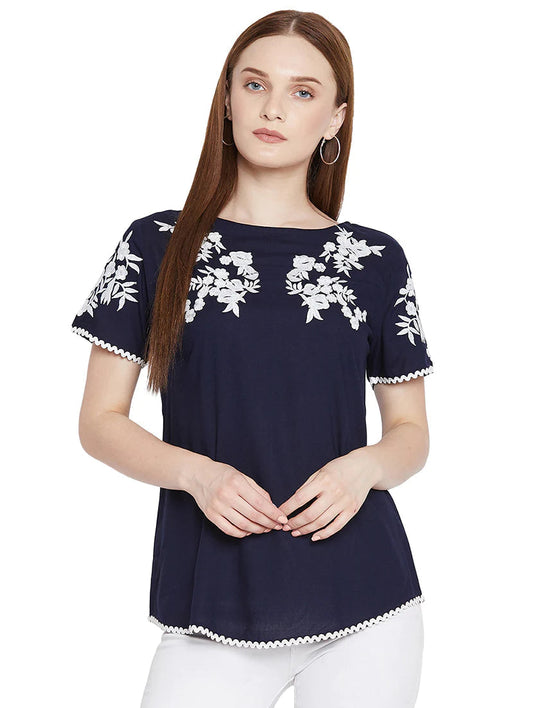 Navy Blue Embroidered Regular Top