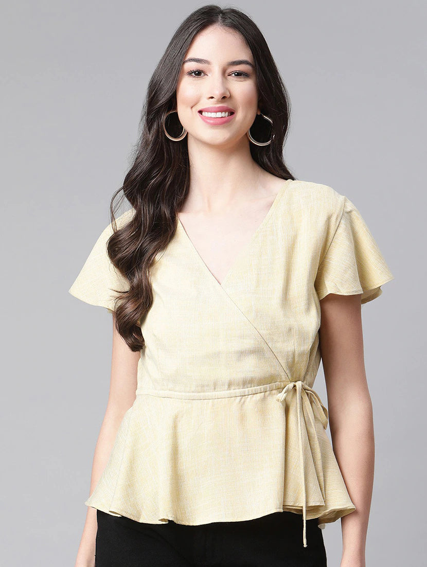 Overlap Neck Solid Wrap Top