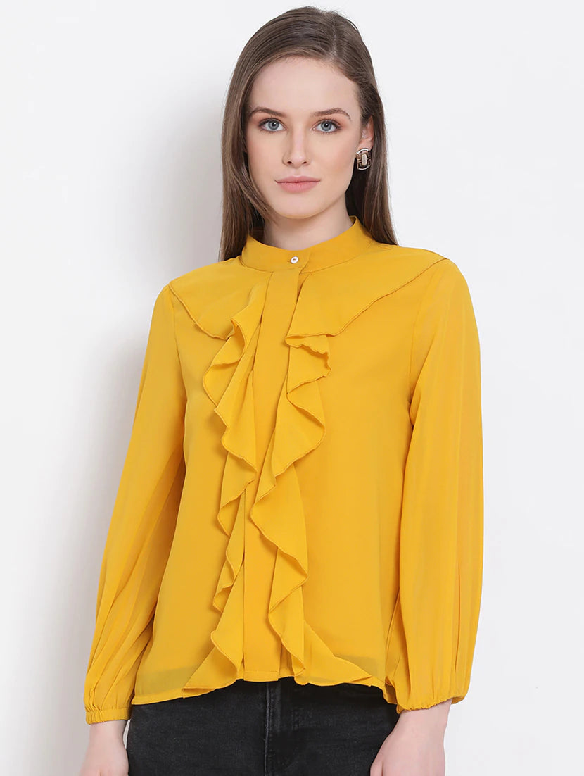 Mandarin Neck Ruffled Top