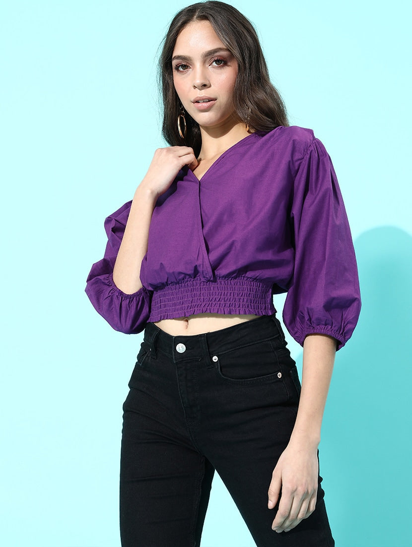Overlap Neck Solid Crop Top