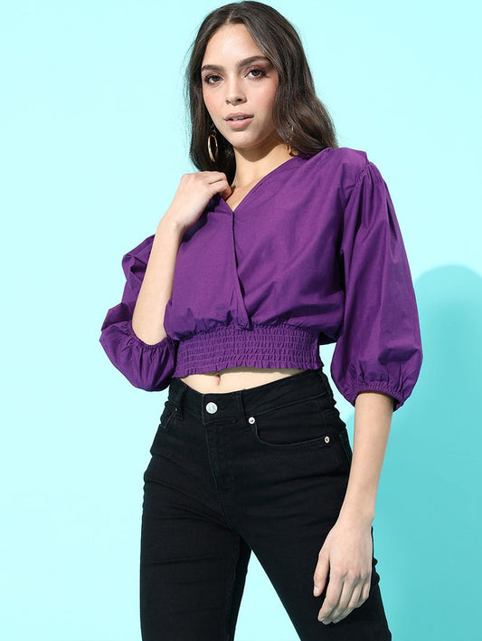 Overlap Neck Solid Crop Top