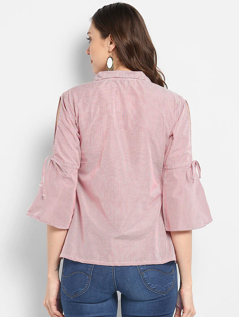 Slit Sleeved Embroidered Striped Top