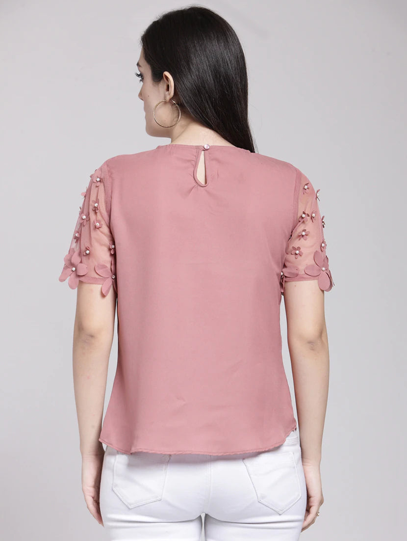 Sheer Paneled Floral Applique Top