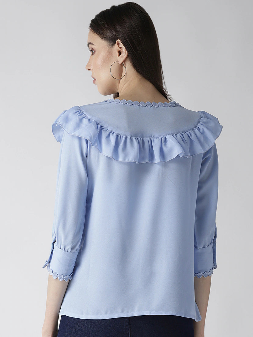 Lace Inserted Neck Ruffle Detail Top