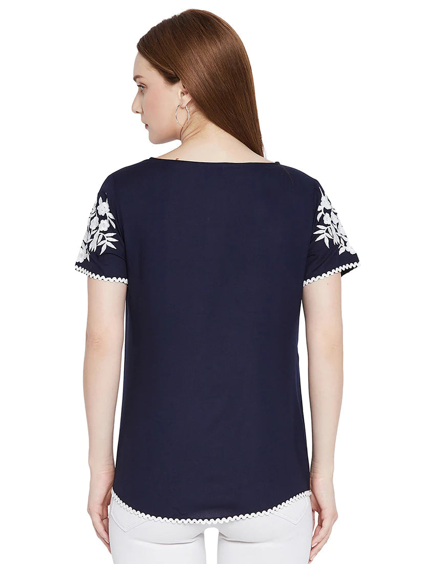 Navy Blue Embroidered Regular Top