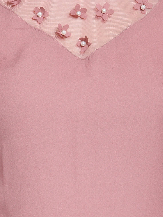Sheer Paneled Floral Applique Top