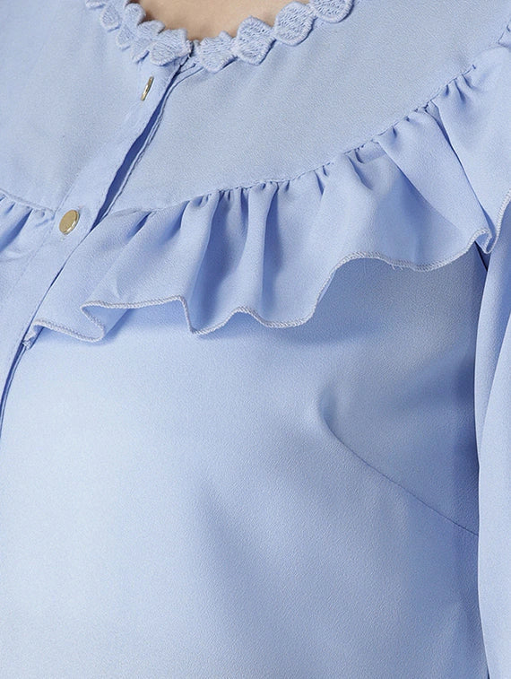 Lace Inserted Neck Ruffle Detail Top